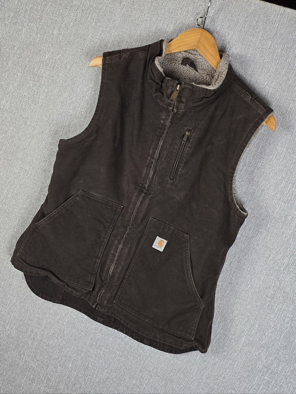 Vtg Carhartt Mock Neck Sherpa Lined Duck Vest Drk Brown Womens Sz M 8/10